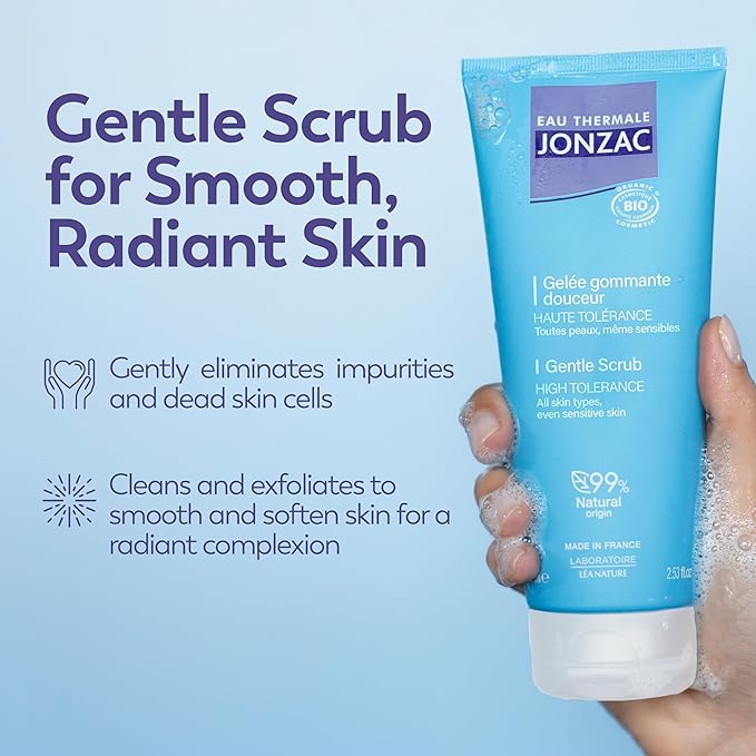 Eau Thermale Jonzac Organic Gentle Face Scrub with Perlite Beads – Smooth Radiant Complexion – Sensitive Skin Approved – Dermatologically Tested – Vegan Formula – 2.54 Fl Oz