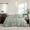 FOSSA Duvet Cover Set 100% Washed Cotton Linen Feel Super Soft Breathable Cozy 3 Pieces Bedding Sets Solid Sage Green Queen