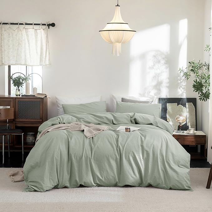 FOSSA Duvet Cover Set 100% Washed Cotton Linen Feel Super Soft Breathable Cozy 3 Pieces Bedding Sets Solid Sage Green California King