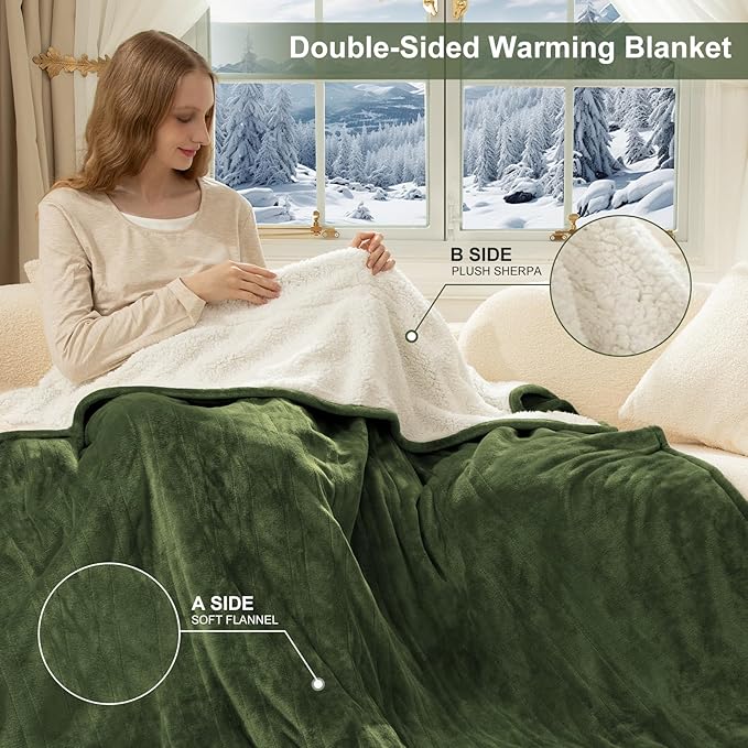 King Heated Blanket Dual Control - 100 X 90 Inch Washable Electric Blanket with 5 Heating Levels, 10 Hours Auto Off, ETL Certified, Soft Flannel Sherpa Heating Blankets for Bed, Green