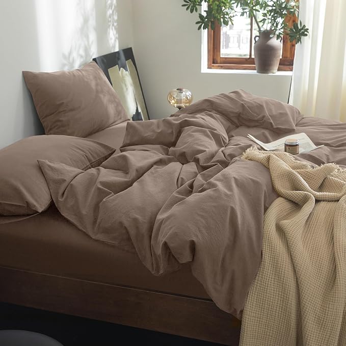 FOSSA Duvet Cover Set 100% Washed Cotton Linen Feel Super Soft Breathable Cozy 3 Pieces Bedding Sets Solid Black Super Queen