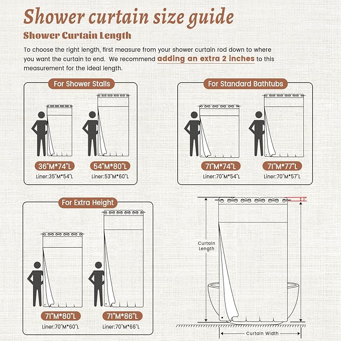 No Hook Cream Shower Curtain and Liner, Linen-Look Polyester Textured Shower Curtain with Snap in Liner, Waterproof & Washable Bath Curtains for Bathroom, 71Wx74H