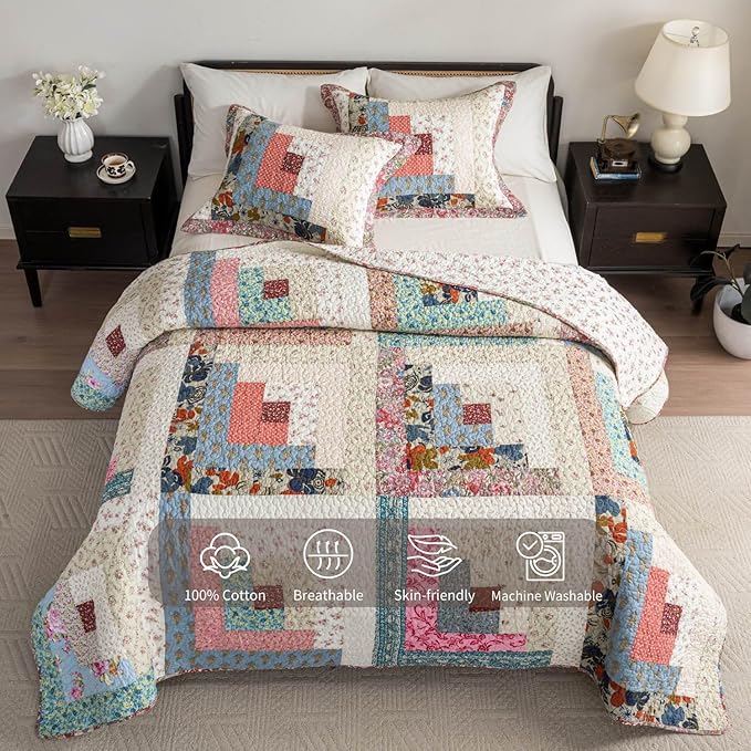 meadow park Cotton Real Patchwork Quilt Set 3-Piece. 100% Washed Cotton. 208 Hand Cut Patches. Allover Quilting. Reversible Coverlet Set. (King)