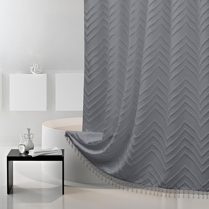 Extra Long Grey Boho Shower Curtain with Tassel, Woven Fabric 96 in Shower Curtain, Tufted Chevron Striped, 72 x 96, Modern Chic Textured Minimalist Bathroom Shower