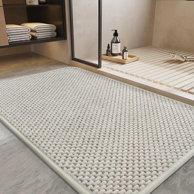 PADOOR-Bath Mat-Super Absorbent Chenille Bathroom Mats-Rubber Backed Bath Mats for Bathroom Non Slip, Easy Clean Bathroom Rugs Front of Bathtub,Shower Room,Sink-17×28, Beige&Cream