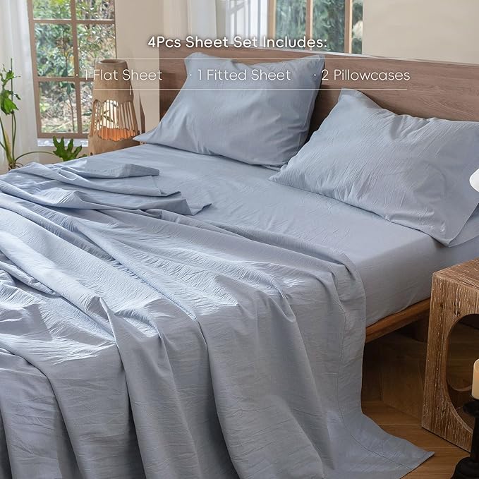 MooMee Bedding Sheet Set 100% Washed Cotton Linen Like Textured Breathable Durable Soft Comfy (Heathered Cornflower Blue, King)