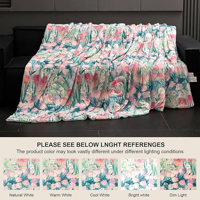 Cyusri Floral Print Cooling Comforter Set 2Pcs Breathable Cool Twin Size Bedding Set with 1 Pillowcase Pink Tulip Pattern Silky Cold Quilt, 68"x90"
