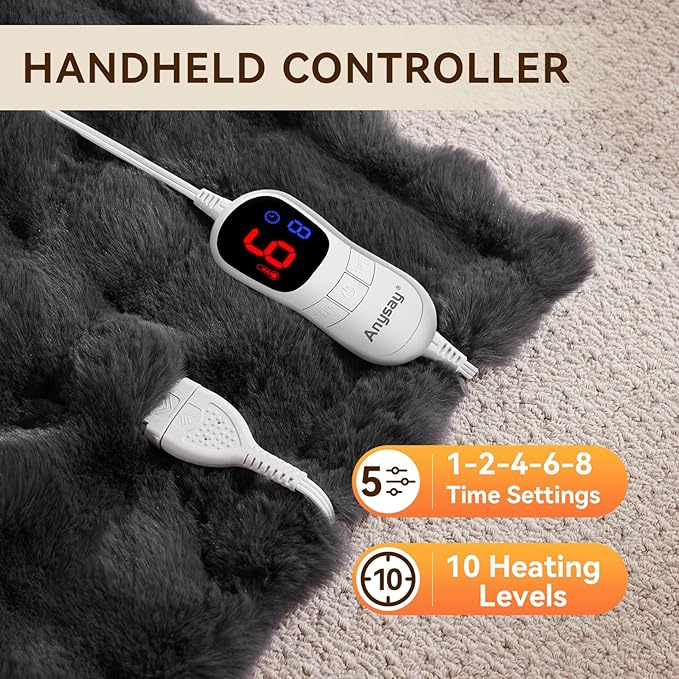 Heated Blanket Full Size with 1/2/4/6/8 Hours Auto-Off 10 Heat Level, 62'' * 84'' Cozy Faux Rabbit Fur Bubble Electric Blanket with Overheat Protection(Dark Grey)