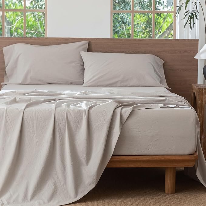 MooMee Bedding Sheet Set 100% Washed Cotton Linen Like Textured Breathable Durable Soft Comfy (Solid Light Tan, Queen)