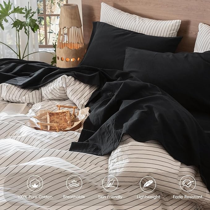 MooMee Bedding Sheet Set 100% Washed Cotton Linen Like Textured Breathable Durable Soft Comfy (Solid Black, California King)