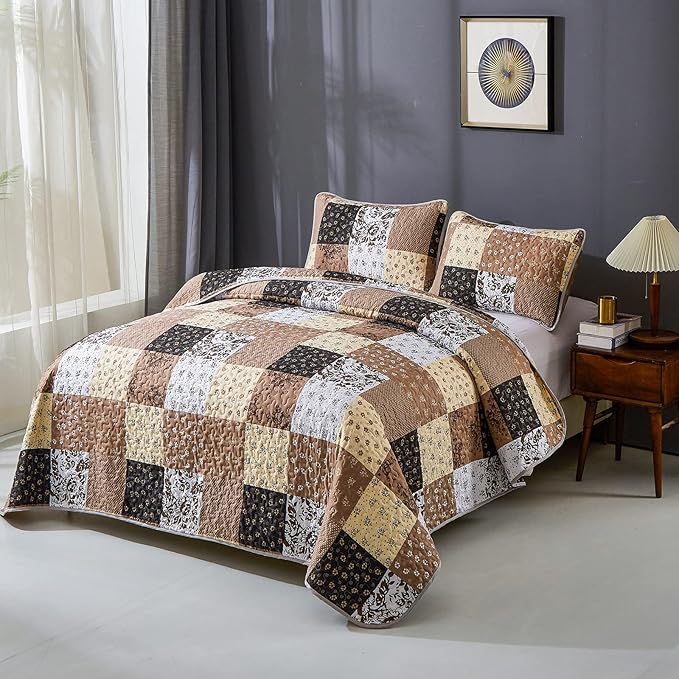 Mybedsoul Brown Patchwork Quilt Set California King Size,3 Pieces Khaki Floral Plaid Reversible Bedspread Coverlet Set for All Season,Summer Soft Microfiber Bedding Set 96"x 106"