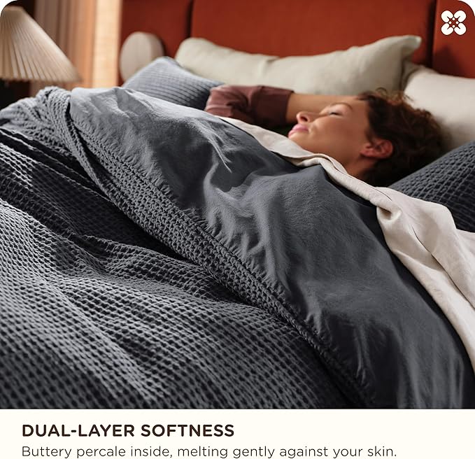 Bedsure Cotton Duvet Cover Set - 100% Cotton Waffle Weave Charcoal Duvet Cover Oversized Queen Size, GentleSoft™ and Breathable Bedding Set for All Season, 3 Pieces, 98"x98"