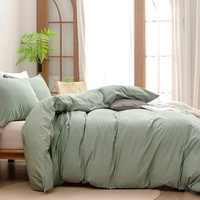BESTOUCH Duvet Cover Set 100% Washed Cotton Linen Feel Super Soft Comfortable Chic Lightweight 3 PCs Home Bedding Set Solid Green Cal King