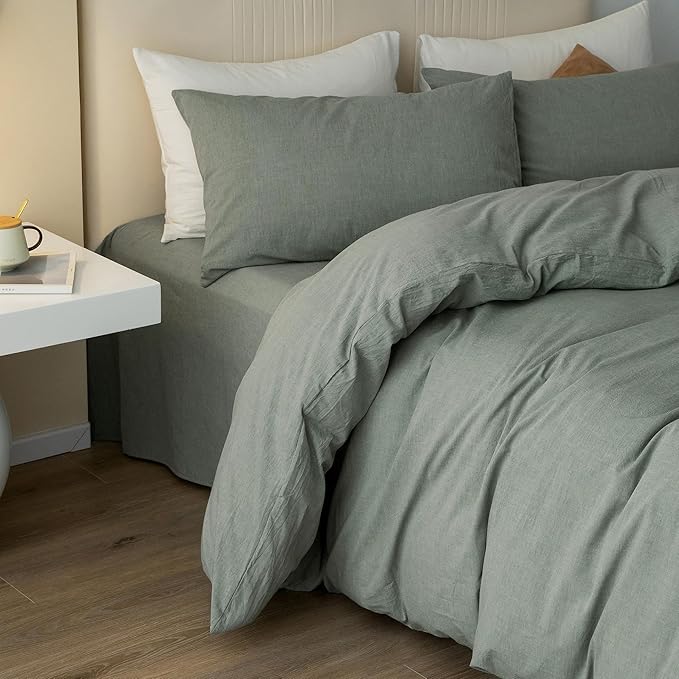 JIYUAN 100% Washed Cotton Duvet Cover Set 3 Pieces Full, 1 Duvet Cover 80x90 Inches(Comforter Not Included) and 2 Pillowcases,Linen Feel Bedding Set Comfy and Breathable, Heathered Green