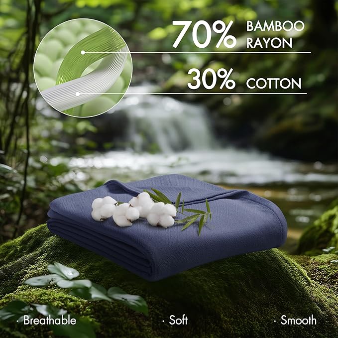 Madison Park Queen Size Blanket, 70% Rayon Bamboo-Based, 30% Cotton, Breathable for Hot Sleepers Menopause, Ultra Soft and Snag-Resistant, Summer Blanket for Bed or Couch, Queen 90"x90" Navy