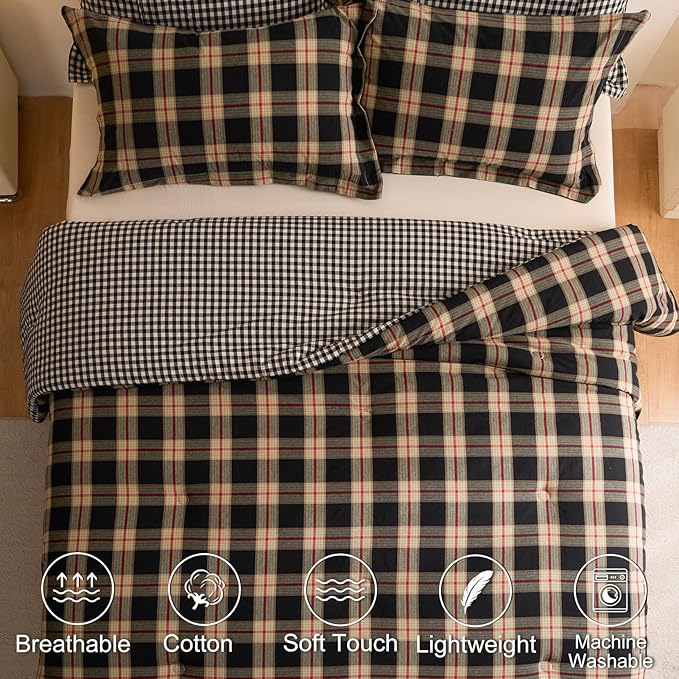 100% Cotton Comforter Set Queen Size – Reversible Yarn-Dyed Checkered Design, Soft Washed Cotton on Both Sides, Lightweight All-Season Bedding, Machine Washable(Black Red Plaid, 90”x90”)