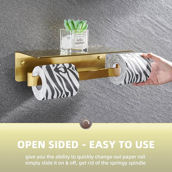 Angle Simple Toilet Paper Holder with Shelf Brushed Gold, 304 Stainless Steel Double Toilet Tissue Holder for Wall