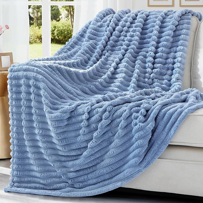 decorUhome Christmas Soft Fleece Blue Grey Blanket King Size for Bed, Cozy Fluffy Plush Flannel Large Striped Throws for Couch Sofa, Lightweight Decorative Fuzzy Blanket for Woman, 108x90 Inches