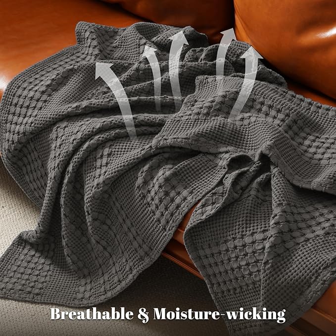PHF 100% Cotton Waffle Weave Throw Blanket, Soft Lightweight Breathable Cozy Throws for Couch Bed Sofa, Luxury Aesthetic Woven Blanket for Home Decor & Office, 50"x60", Charcoal Grey