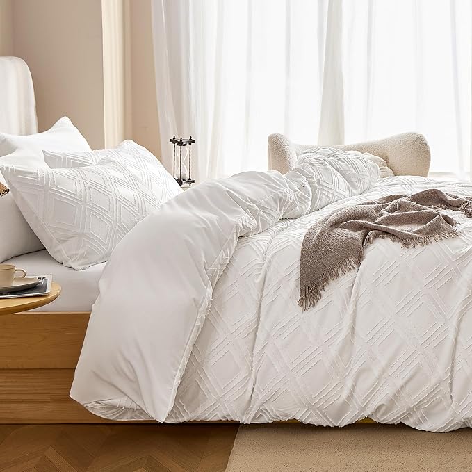 JELLYMONI Duvet Cover King Size Bright White - 3PCS Boho Duvet Cover Set Plaid Polyester Tufted Bohemian Jacquard Knit Textured Comforter Cover 104×90in Rhombic Geometric Pattern Zipper Corner Tie