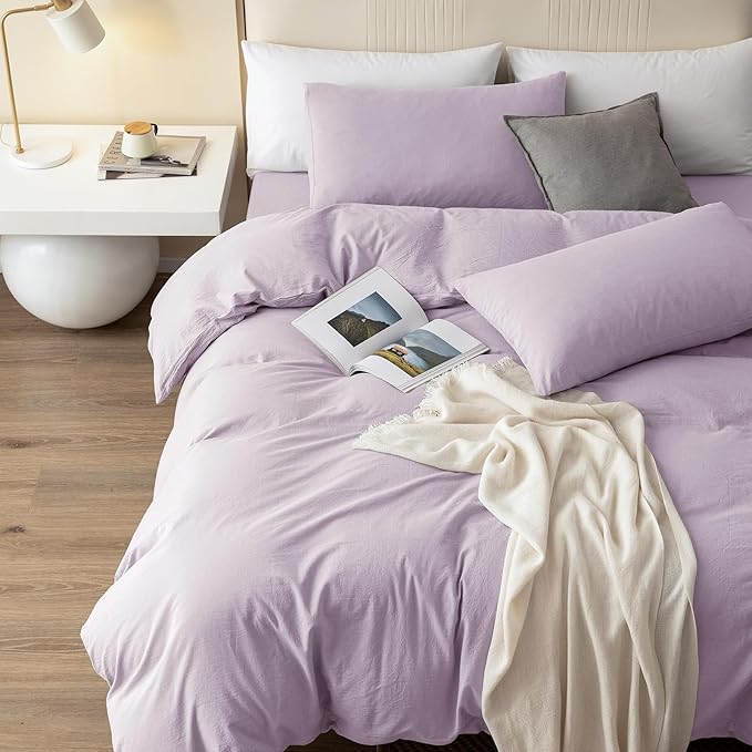 JIYUAN 100% Washed Cotton Duvet Cover Set 3 Pieces Oversized Queen, 1 Duvet Cover 98x98 Inches(Comforter Not Included) and 2 Pillowcases,Linen Like Comfy and Breathable,Heathered Light Purple