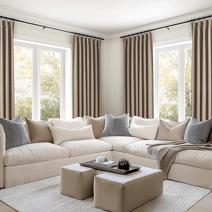 Topfinel Taupe Burlap Linen Blackout Curtains & Drapes 84 Inch Length 2 Panels Set, Pinch Pleated Flax Linen Brown Tan Beige Soundproof Cabin Curtains with Hooks Rings for Bedroom Living Room