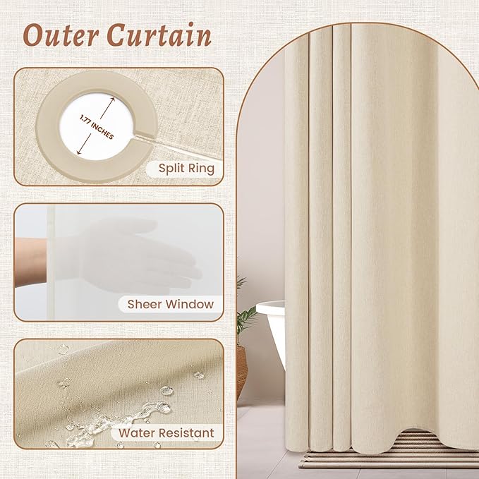 No Hook Cream Shower Curtain and Liner, Linen-Look Polyester Textured Shower Curtain with Snap in Liner, Waterproof & Washable Bath Curtains for Bathroom, 71Wx74H