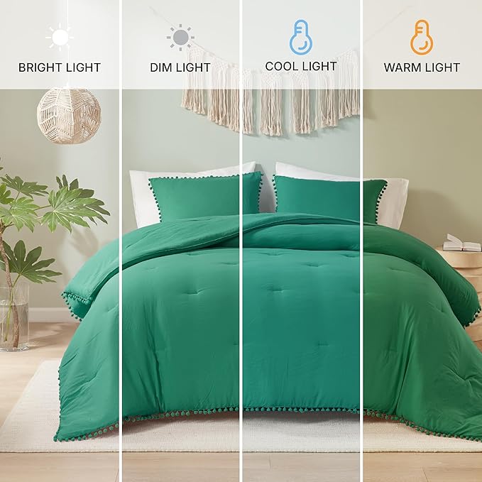 Codi Emerald Green Boho Twin Comforter Set, Aesthetic Luxurious Pom Fringe Design Bedding,Cute Soft Washed Microfiber Bed Sets, Lightweight Chic,1 Comforter & 1 Pillowcase