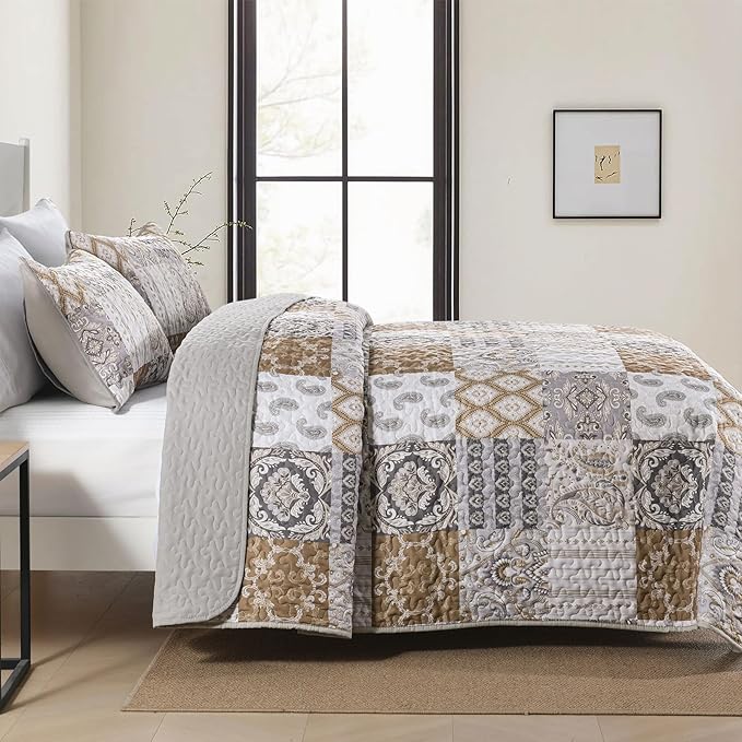 WONGS BEDDING Brown Quilt Set Queen Size, Patchwork Plaid Bedspread Bedding Sets Paisley Soft Microfiber Quilts for Queen Bed 3 Pieces Coverlet Set for All Season (96"x90")