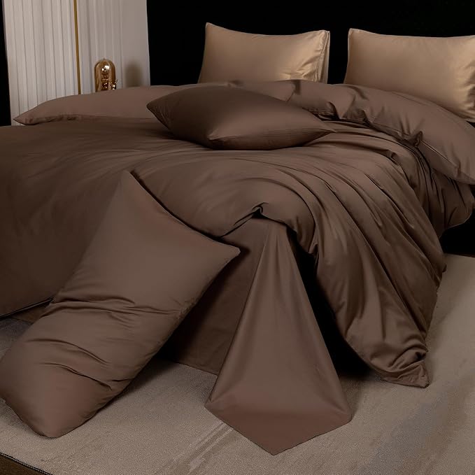 MooMee Duvet Cover Set 100% Extra Long Staple Cotton 600 Thread Count Silky Sateen Smooth Luxury Soft Breathable Durable Hotel Quality Bedding, 2 Pieces (Chocolate Brown,Twin 68"x90")