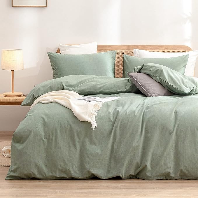 BESTOUCH Duvet Cover Set 100% Washed Cotton Linen Feel Super Soft Comfortable Chic Lightweight 3 PCs Home Bedding Set Solid Green Oversized Queen
