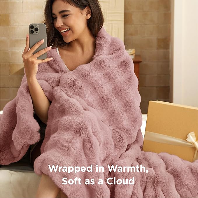 Bedsure GentleSoft Fluffy Faux Fur Blanket Twin Size, Fuzzy Soft Bubble Blanket for Couch, Home Decor Gifts for Bedroom Living Room, Thick Furry Cozy Gifts for Women, Dusty Rose, 60x80 Inch