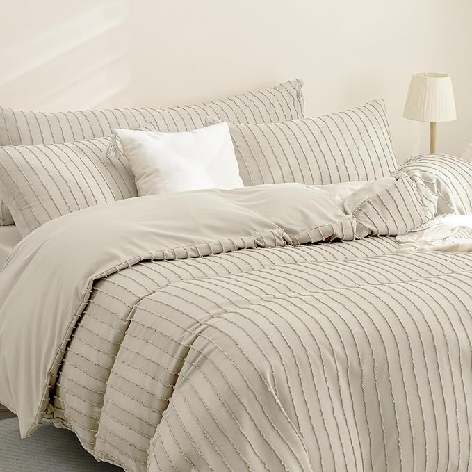 JELLYMONI Duvet Cover Full Size Light Khaki - 3PCS Boho Striped Duvet Cover Set Polyester Tufted Bohemian Textured Comforter Cover with Corner Ties & Zipper Closure