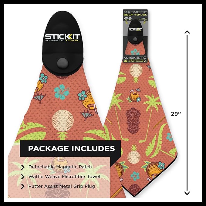 STICKIT Magnetic Salmon Pink Tiki Golf Towel | Top-Tier Microfiber Golf Towel with Deep Waffle Pockets | Industrial Strength Magnet for Strong Hold to Golf Carts or Clubs