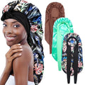 3Pcs Bonnets for Black Women Braid Bonnet, Large Long Satin Bonnet for Braids, Black Women Satin Silk Bonnet with Stretchy Tie Band Sleep Bonnet Cap for Long Curly Hair (Green & Black Pattern & Brown)