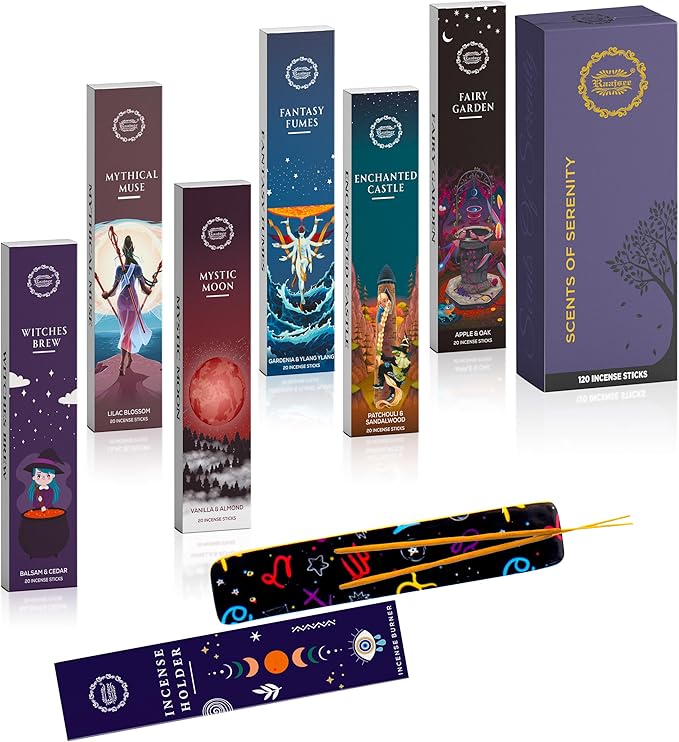 Raajsee Natural Incense Sticks with Inscent Holder, Pack of 6 Organic Insence-Sticks, 120 Incent Sticks, No Black Smoke,Witchy Gifts, Balsam & Cedar, Sandalwood, Apple Oak, Ylang Ylang, Vanilla