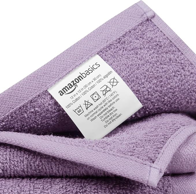 Amazon Basics washcloth for bathroom, 100% Cotton Extra Absorbent , Fast Drying - salon towels - 24-Pack, Petal Pink, Lavender, White, 12 x 12 in