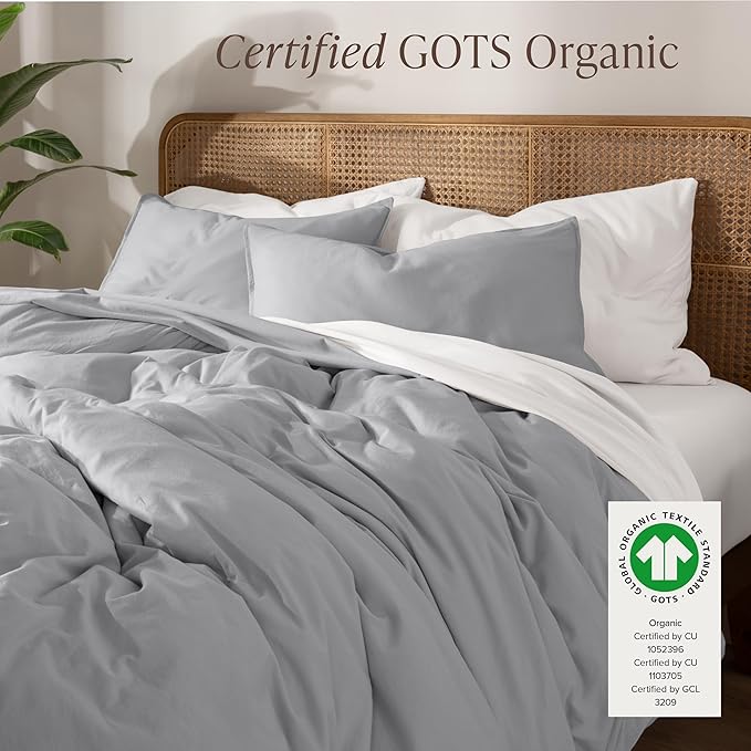 Bare Home 100% Organic Cotton Jersey Duvet Cover Set - Full/Queen Size - Ultra Soft - 100% Cotton - 3pcs - Corner Ties - Button Closure - Bedding Duvet Cover & Pillow Shams (Full/Queen, Light Grey)