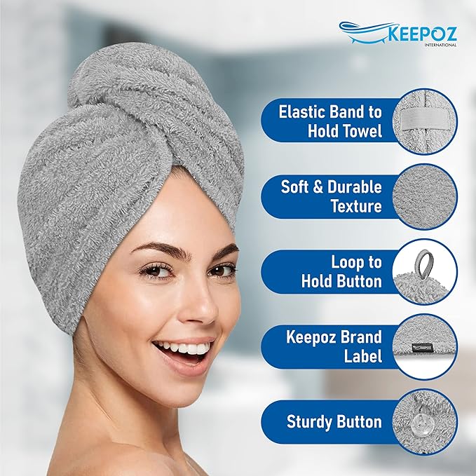 KEEPOZ Hair Towel Wrap Quick Dry 100% Cotton Super Absorbent Turban Head Wrap for Women with Button, Non Microfiber Anti Frizz Hair Products, Hair Cap for Curly, Long Hair (Grey, 1 Pc)