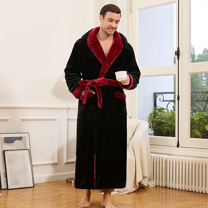 U2SKIIN Mens Robe with Hooded, Full Length Thickened Plush Robe Big and Tall Bathrobe
