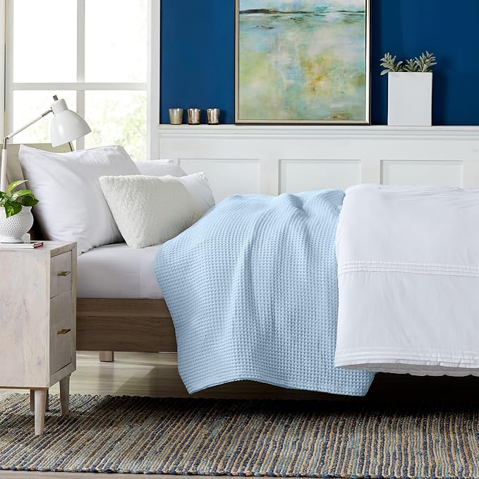 100% Cotton Waffle Weave Queen Bed Blanket | Soft, Breathable, and Lightweight Blanket for All-Seasons | Perfect for Layering | Brielle Collection (King, Sky Blue)