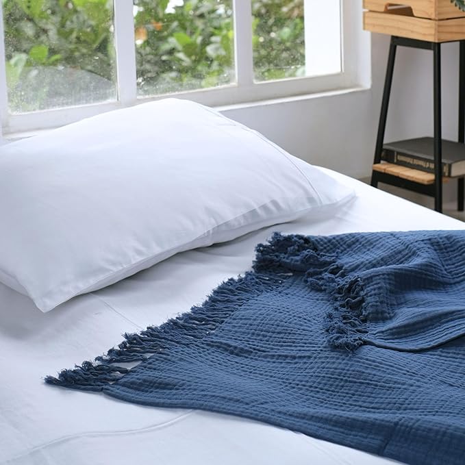 Salt Earth 100% Cotton Muslin Throw Blanket, Gauze Blanket 50"X60" Throw with Tassel 4 Layered for Couch, Bed, Living Room, Home,Lightweight & All Season Blankets & Throws, Skin Friendly(Navy Blue)