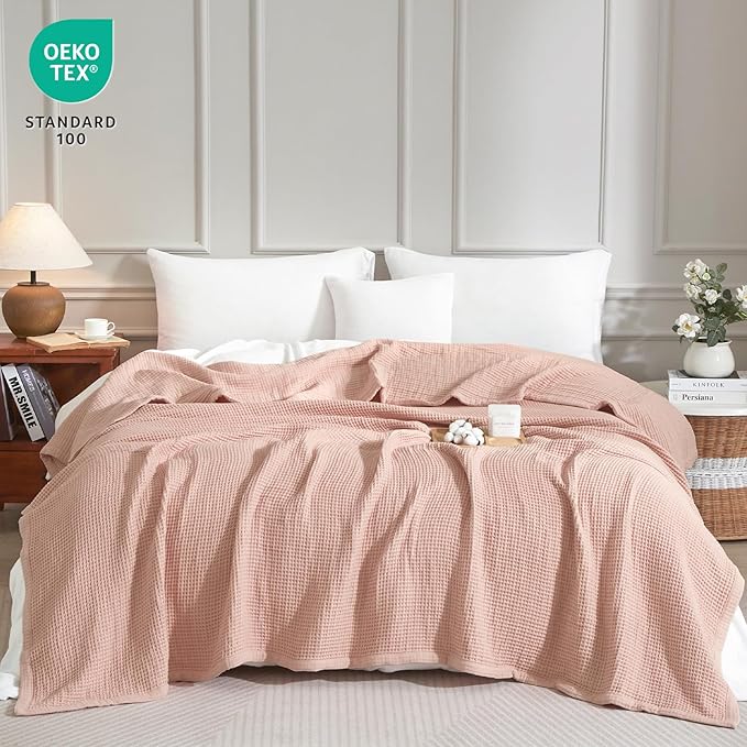 PHF 100% Cotton Waffle & Muslin Blanket King Size, Soft Breathable Luxury 400GSM Versatile Reversible Bedding for Bed, Great for Layering in Cold Weather, Home Decor Gift, 104" x 90", Rose Smoke