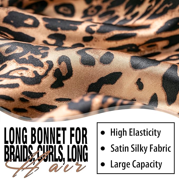 3Pcs Bonnets for Black Women Braid Bonnet, Large Long Satin Bonnet for Braids Sleeping, Black Women Satin Silk Bonnet (3Pcs-Black & Pink & Leopard)