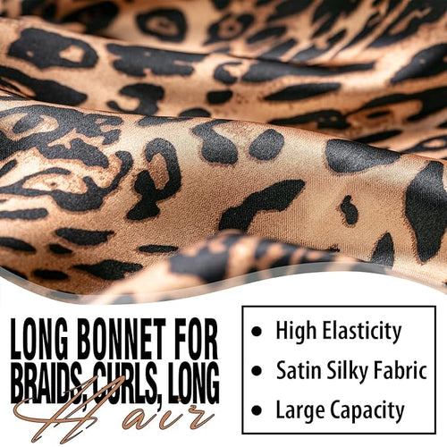 3Pcs Bonnets for Black Women Braid Bonnet, Large Long Satin Bonnet for Braids Sleeping, Black Women Satin Silk Bonnet (3Pcs-Black & Pink & Leopard)