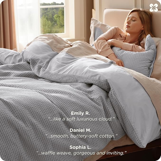 Bedsure Cotton Duvet Cover Set - 100% Cotton Waffle Weave Grey Duvet Cover California King Size, GentleSoft™ and Breathable Cal King Bedding Set for All Season, 3 Pieces, 104"x98"