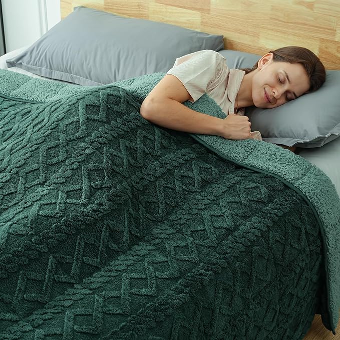 Sherpa Fleece Adult Weighted Blanket Great for Sleep, 20 lbs Dual Sided Soft Fuzzy Heavy Blankets for Couch Bed Sofa, Cozy Warm Fluffy Jacquard Throw for Winter (Green, 60" x 80", 20 Pounds)