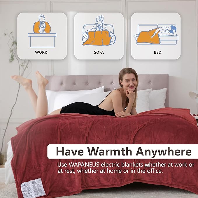 Wapaneus Heated Blanket Electric Twin Size 62"x84" with 10 Heating Levels 12 Timer Settings 8 Hours Auto-Shut Off,Flannel Fast-Heating Electric Blanket,ETL Listed Machine Washable,Red