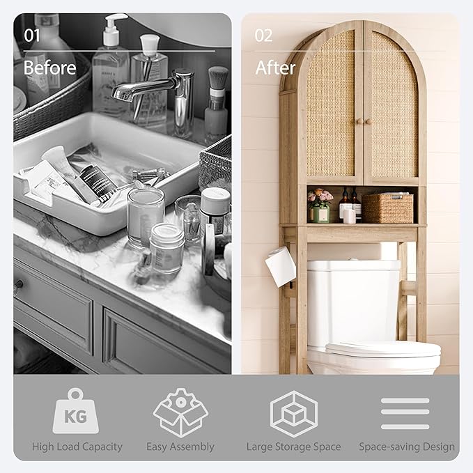 Over The Toilet Storage Cabinet, 23.7”W Modern Storage Cabinet Over Toilet with Rattan Doors, Arched Freestanding Over Toilet Rack with Adjustable Shelf for Bathroom, Nature