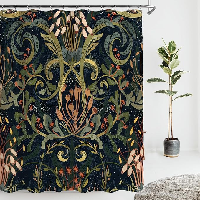 Vintage Black and Green Floral Shower Curtain Dark Bontanical Moss Bathroom Curtains Mid Century Bathroom Decor 72Wx72H Waterproof Polyester